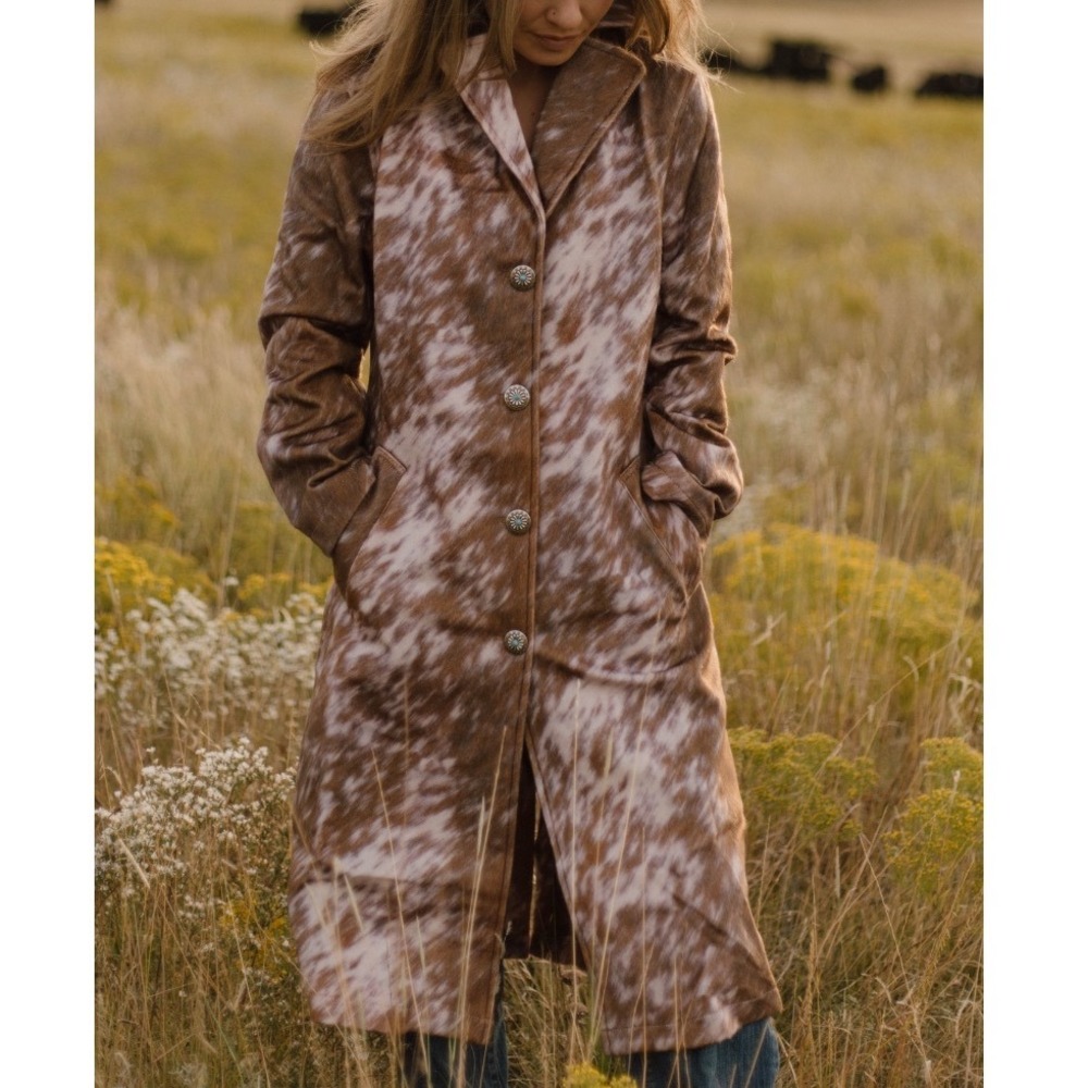 Sterling Kreek Cows Come Home Long Jacket Cow Print Western Duster Brown 2X e5